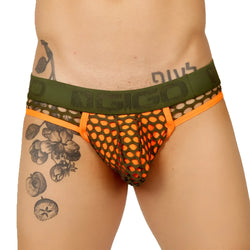 Olive green and orange mesh briefs with a bold patterned design from gigo fresh orange brief jock collection