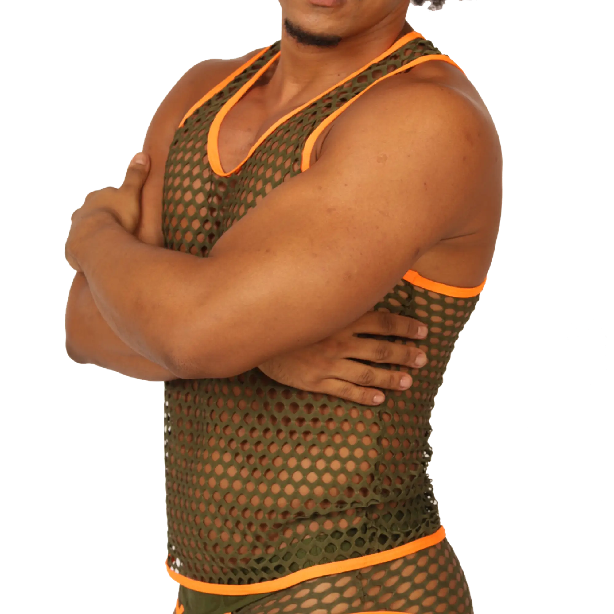 Gigo Fresh Orange Tank olive green mesh tank top with bright orange trim for breathable active wear
