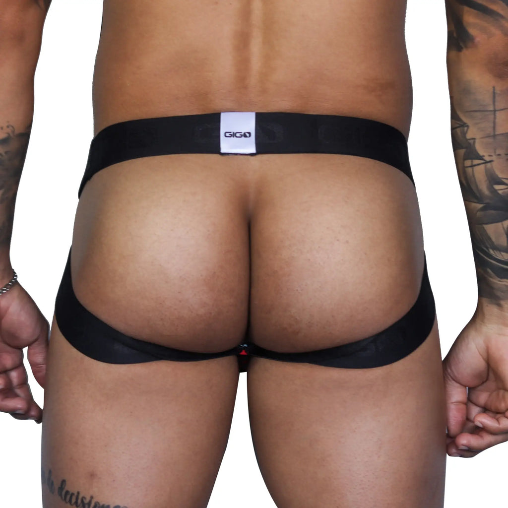Black giga brand thong with white label and red accent detail shown from the back in gigo fresh red jockstrap product