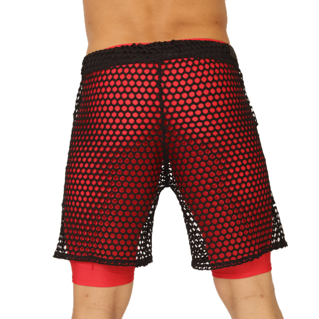 Gigo Fresh red and black mesh shorts with a snug-fitting waistband for comfortable activewear use