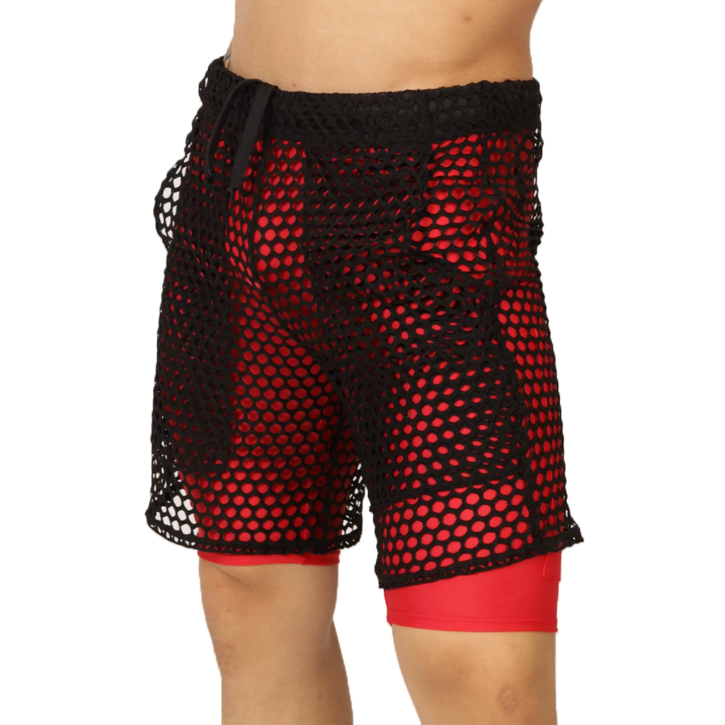 Black mesh shorts with red inner lining and drawstring waistband from Gigo Fresh Red Short collection