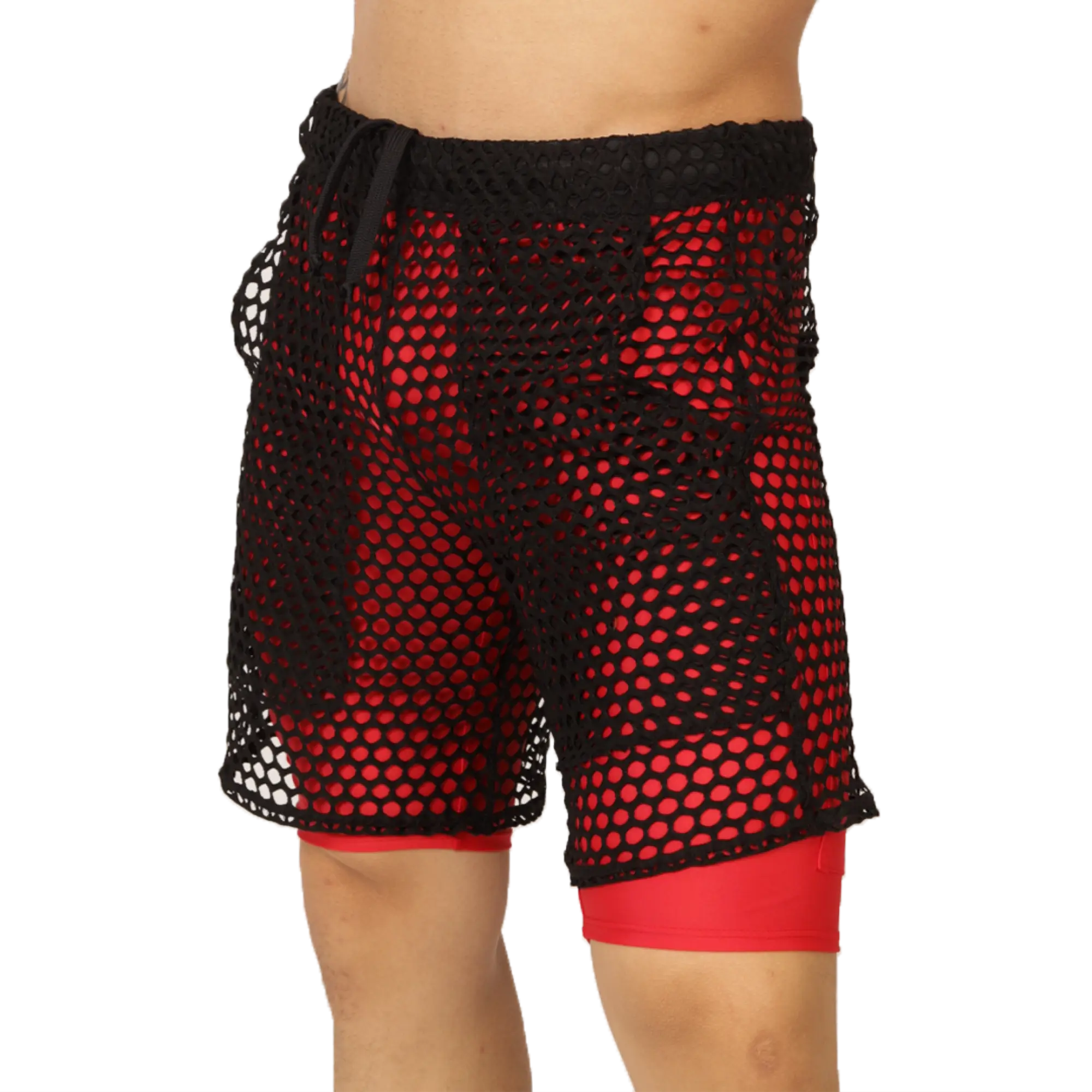 Black mesh shorts with red inner lining and drawstring waistband from Gigo Fresh Red Short collection