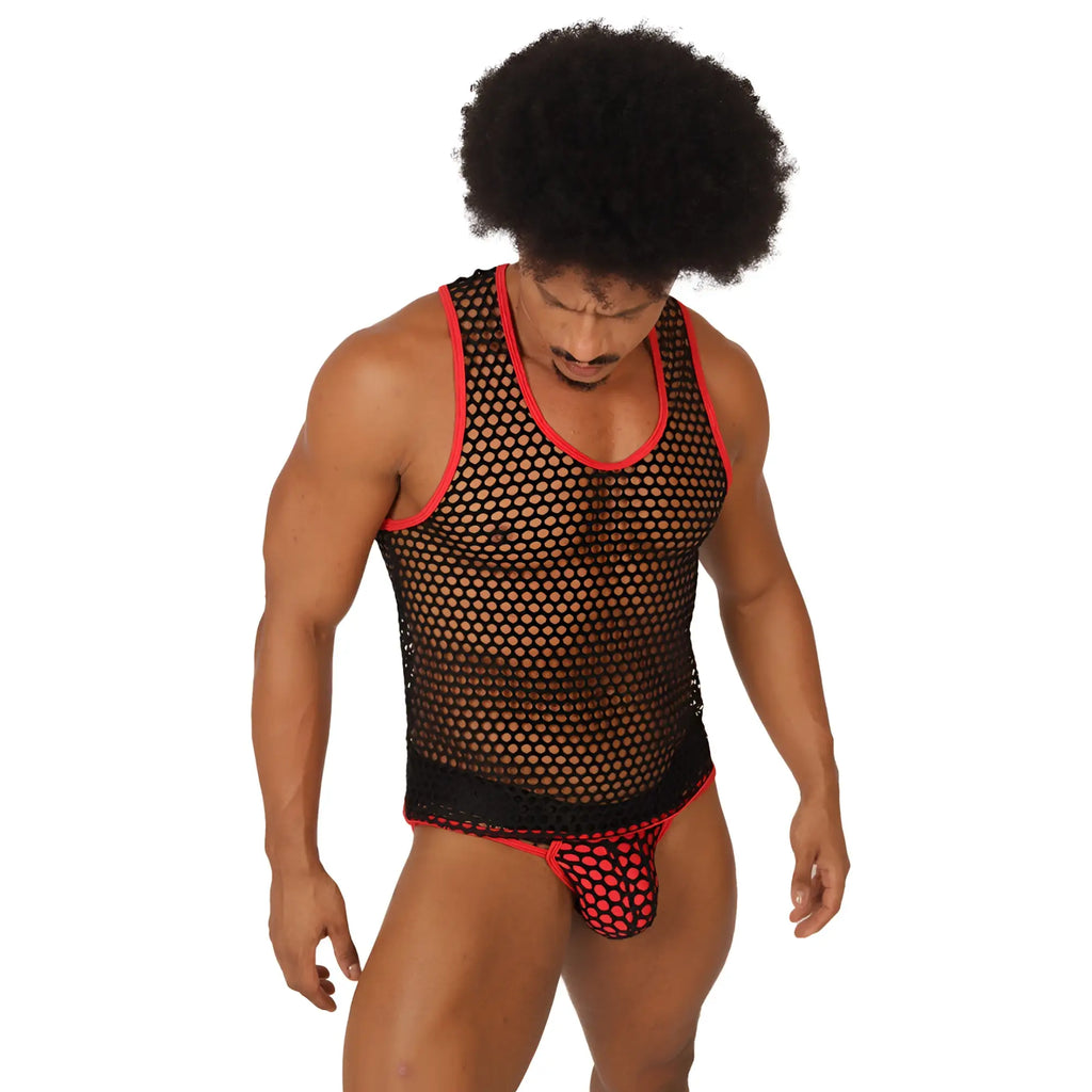 Black mesh tank top with red trim and matching black lace briefs from gigo fresh red tank set