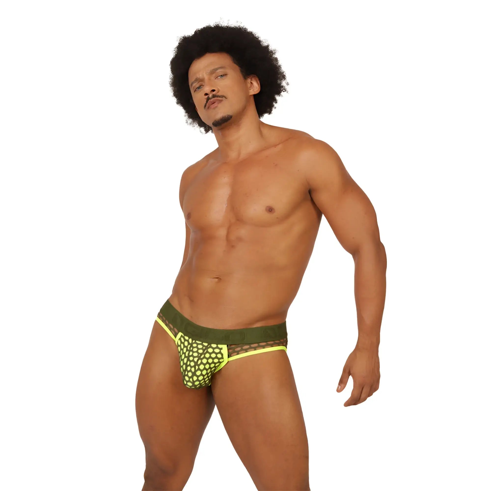 Vibrant neon yellow and olive green geometric patterned mesh briefs from Gigo Fresh Yellow Brief Jock collection