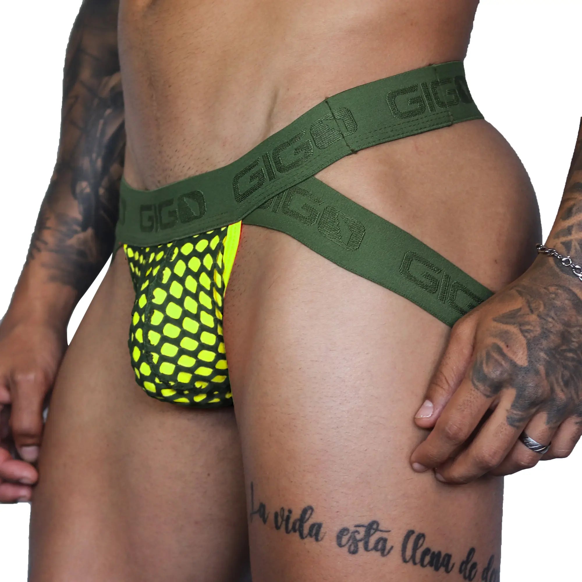 Bright neon yellow mesh briefs with olive green elastic waistband featuring repeating gigi branding from gigo fresh yellow jockstrap
