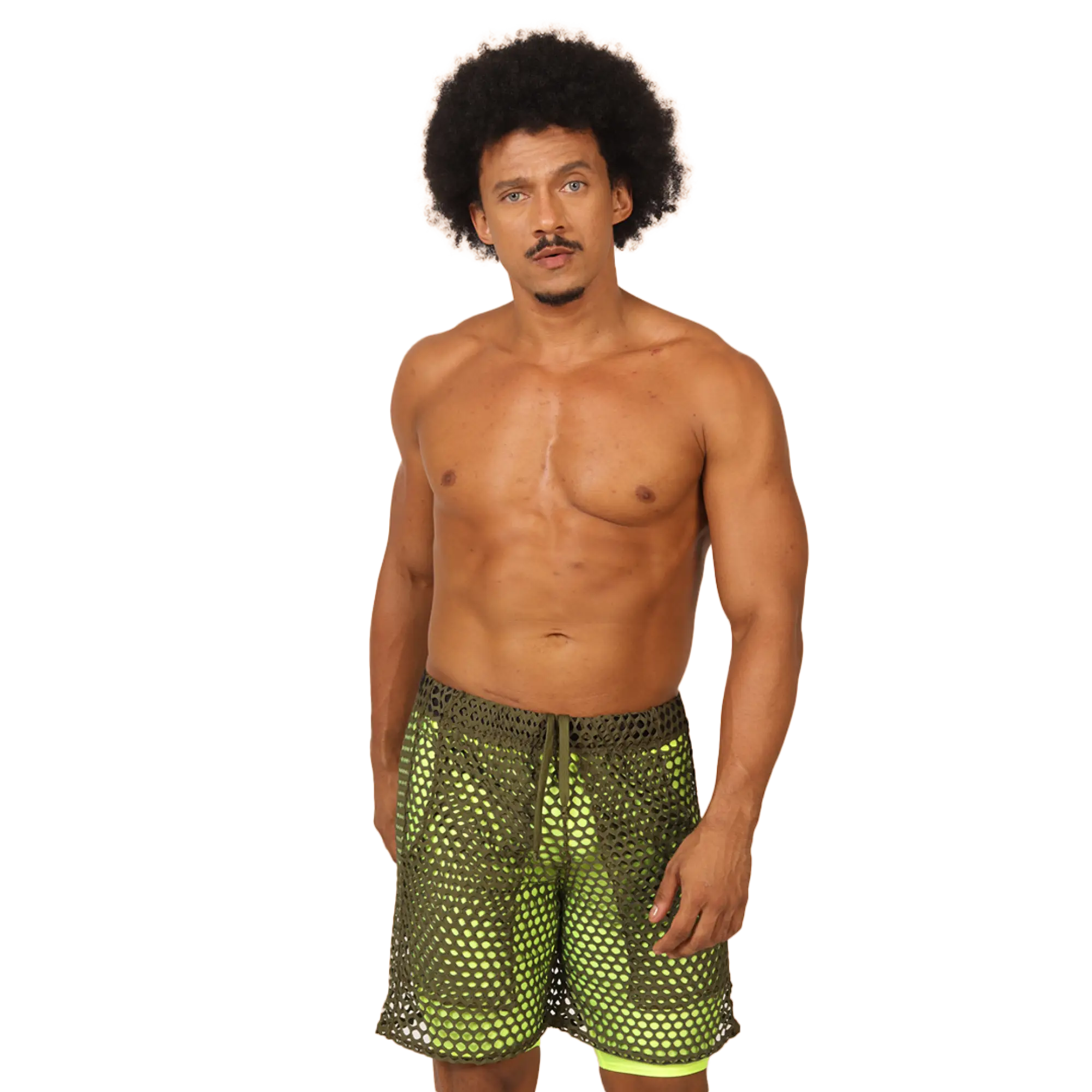 Gigo fresh yellow short vibrant neon green mesh swim trunks with olive green base and drawstring waistband