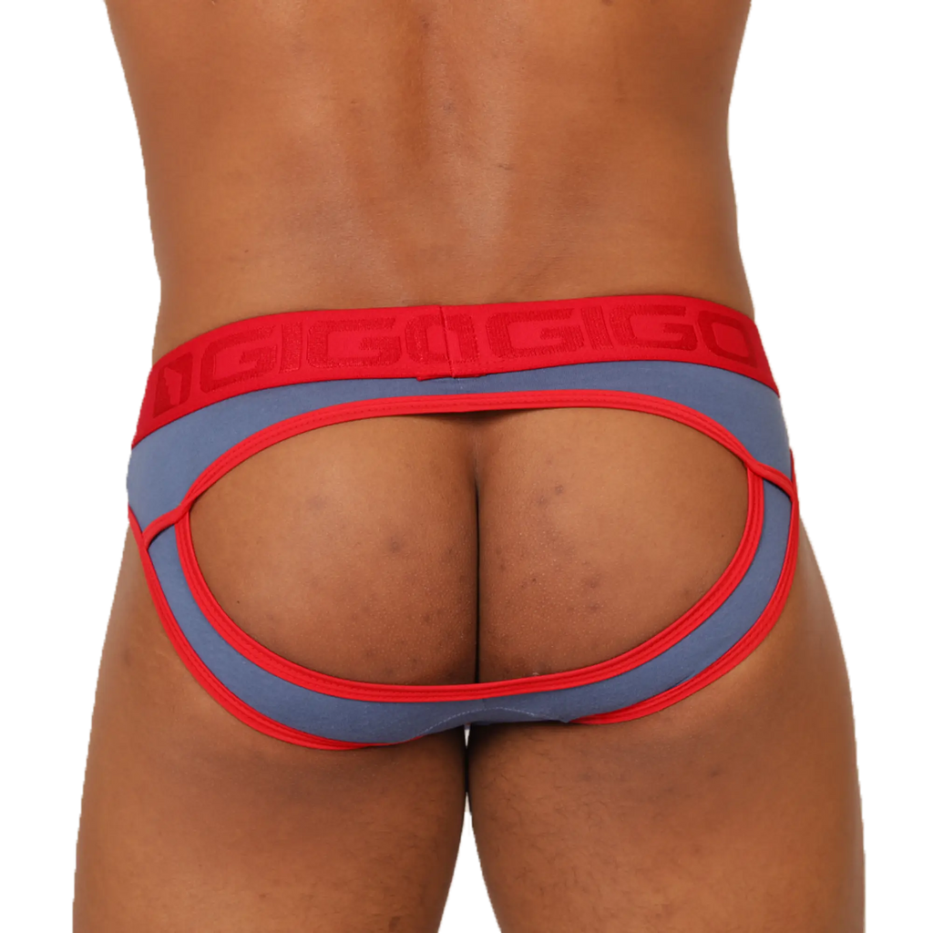Gigo Garoto blue brief jock in red and blue with bold contrasting colors and comfortable fabric for active wear