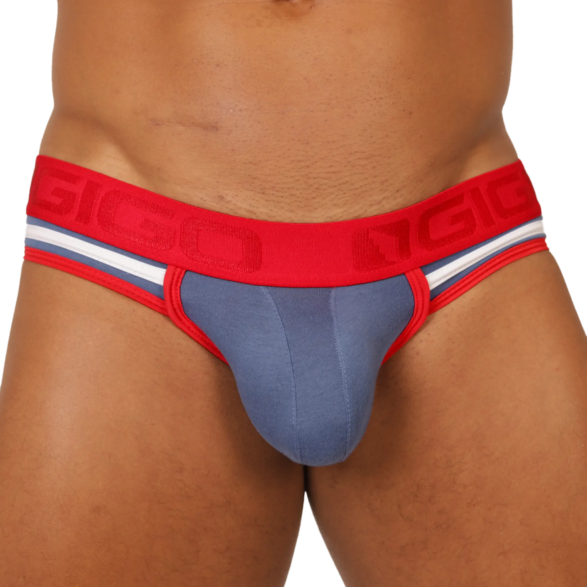 Red and gray gigo garoto blue brief jock athletic briefs with bold red waistband and raised gigi logo
