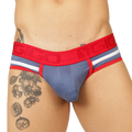 Blue and red gigo garoto athletic briefs with bold red waistband and textured ngio logo in breathable fabric