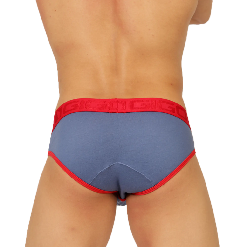 Blue and red gigo garoto brief with bold red waistband featuring repeating gigo brand name lettering
