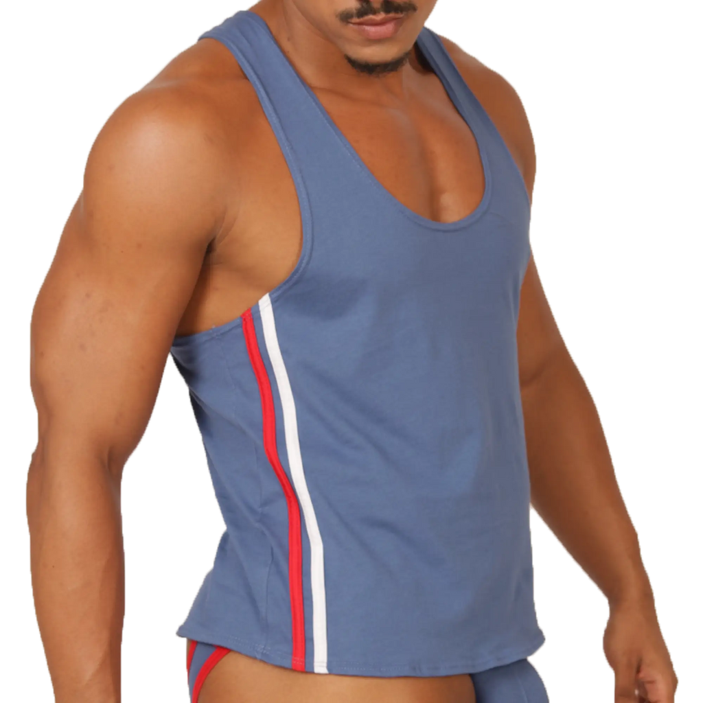 Gigo Garoto blue athletic tank top with red and white vertical stripes along the side for sports and workouts