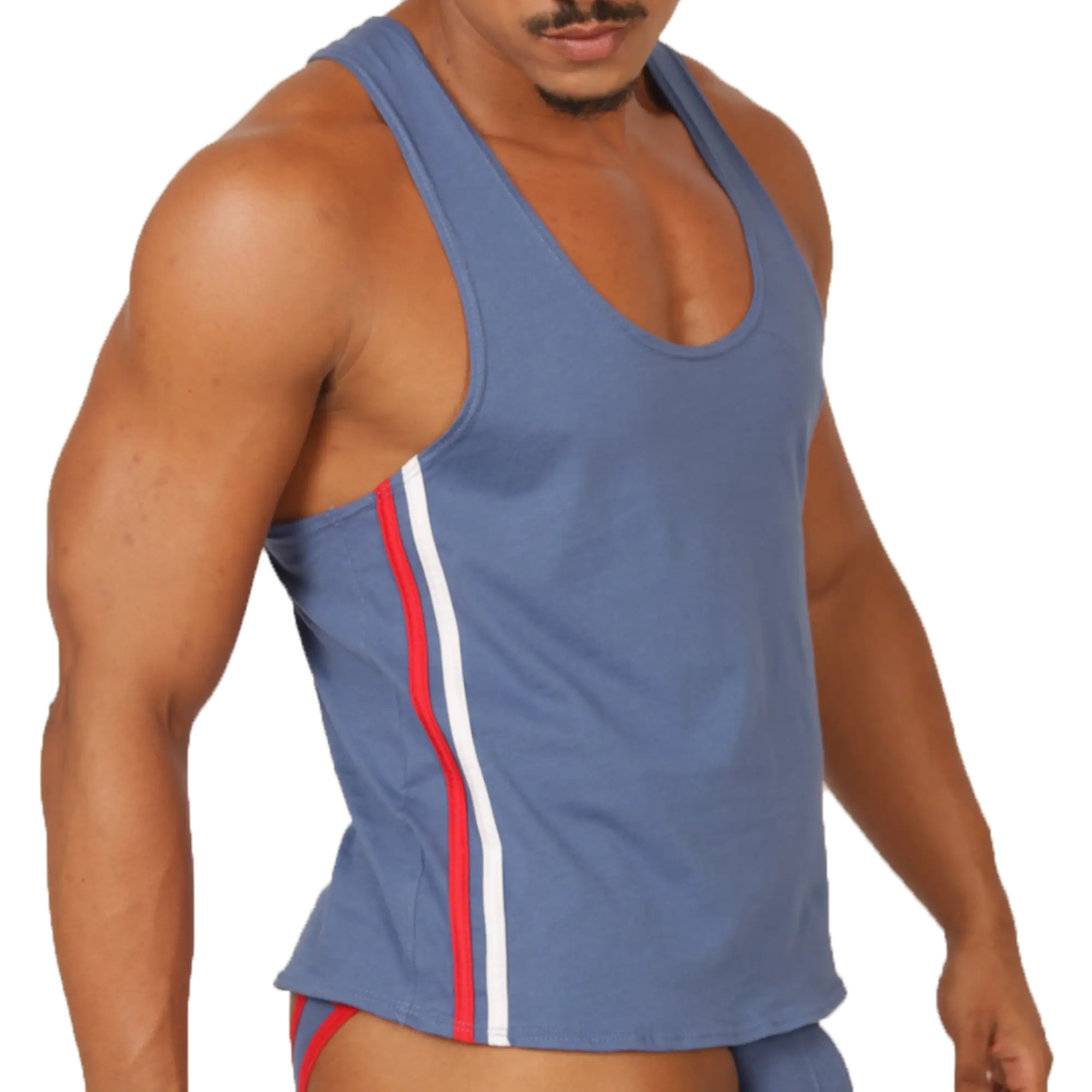 Gigo Garoto blue athletic tank top with red and white vertical stripes along the side for sports and workouts