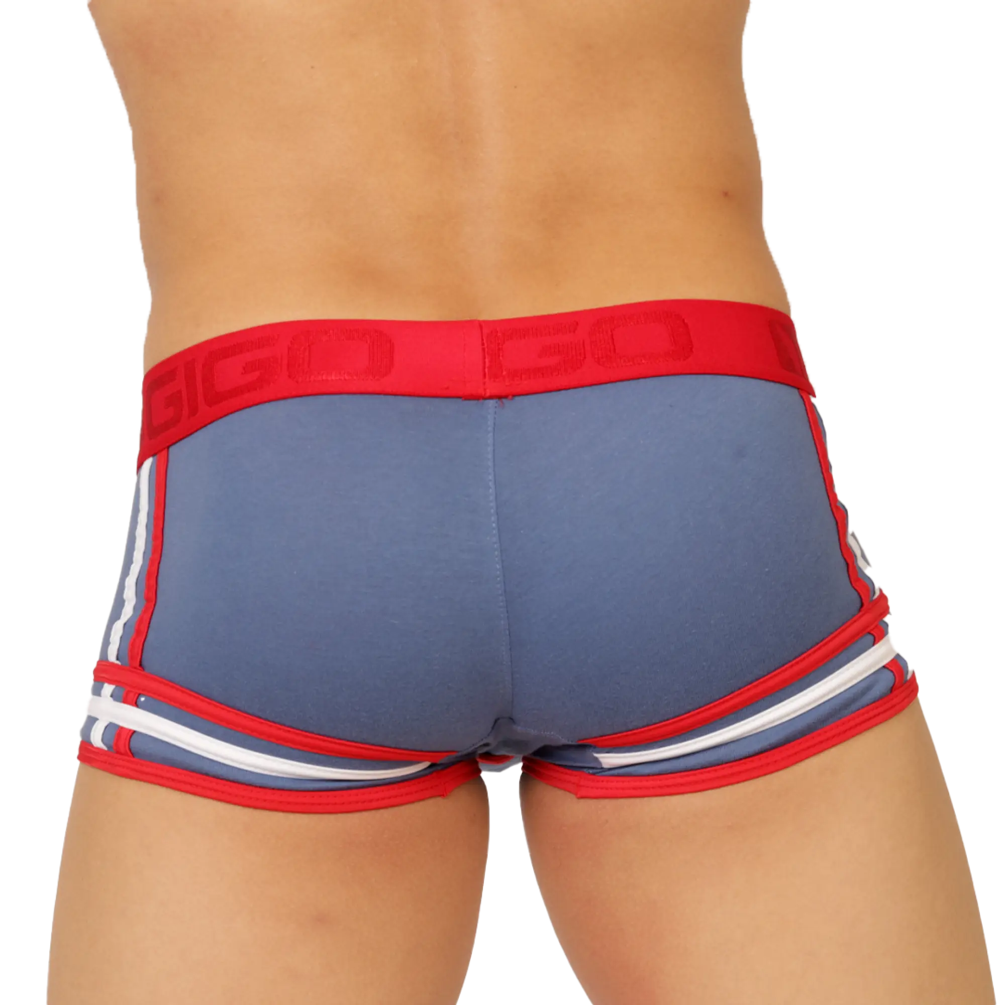 Blue athletic briefs with red and white striped trim and a bold red waistband embossed with gigo garoto brand name
