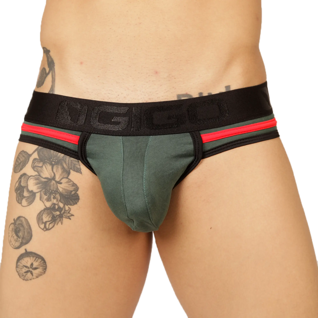 Green form-fitting brief jock with black and red striped waistband and gigo branding by gigo garoto