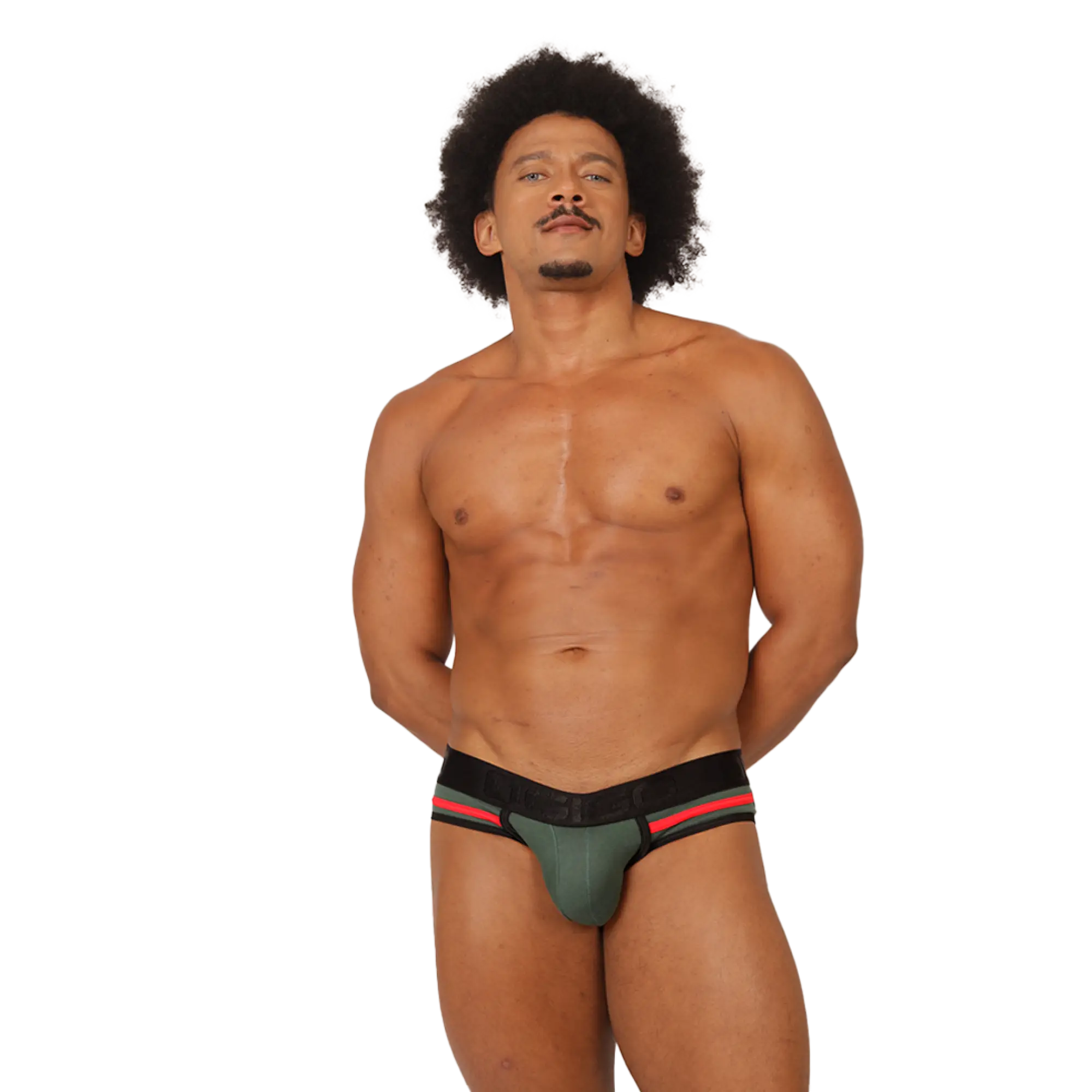 A muscular man with an afro wearing a green black and red gigo garoto athletic brief showing the front side