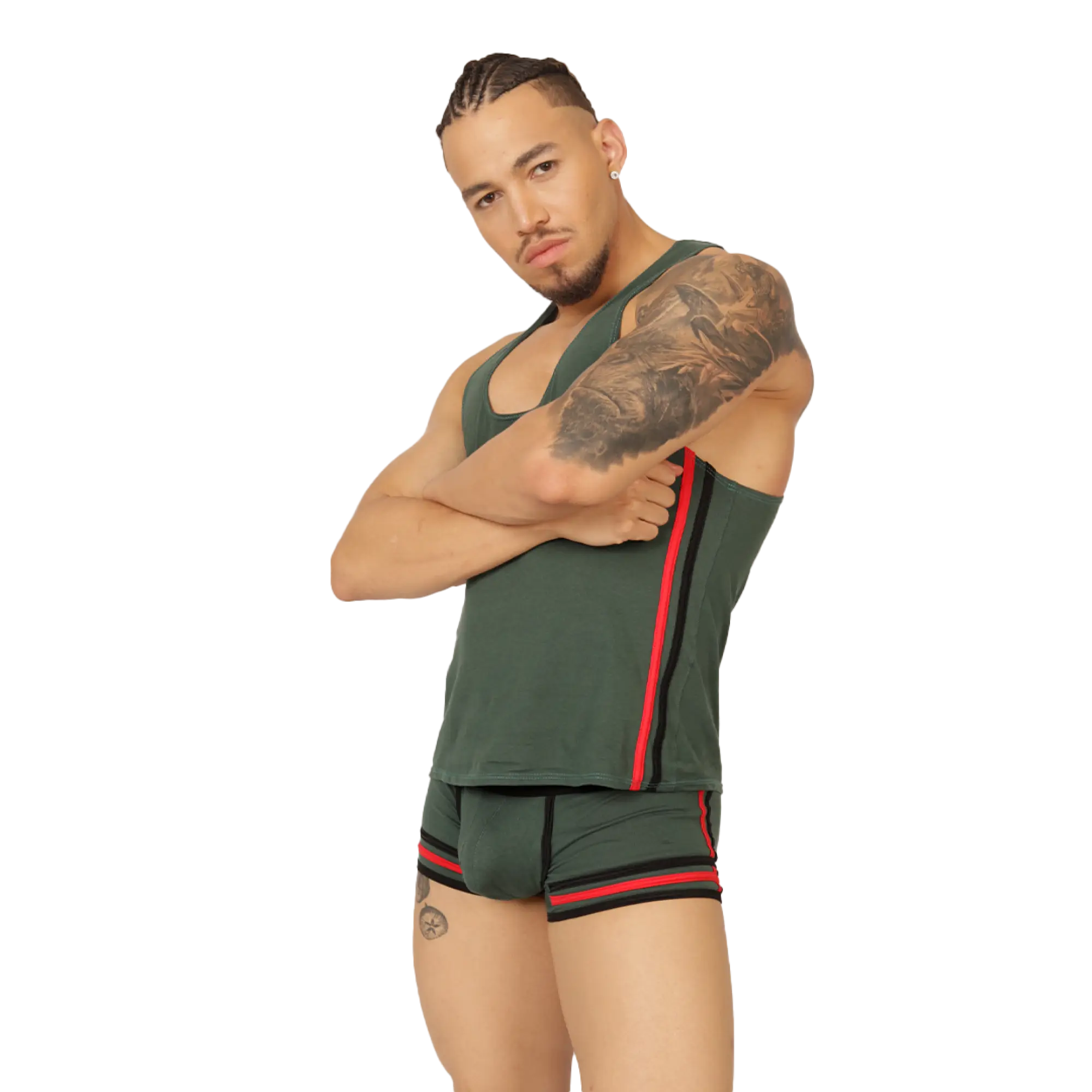 Dark green gigo garoto athletic tank top with red and black side stripes designed for active wear
