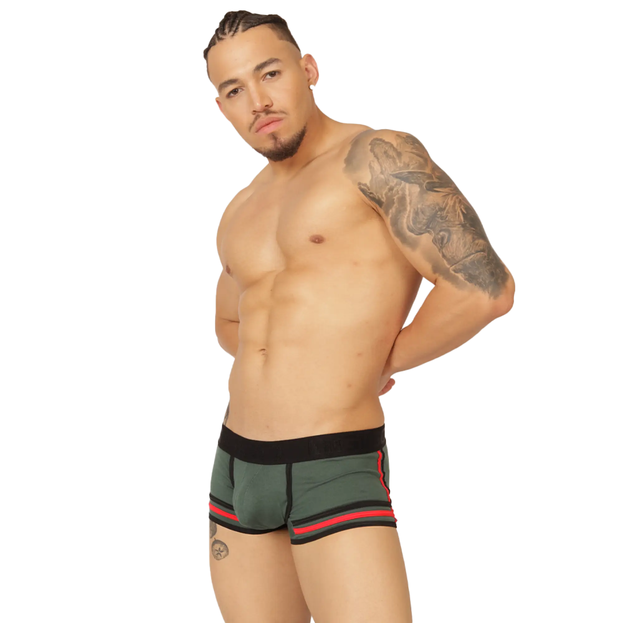 Dark green gigo garoto athletic briefs with black waistband and red trim accents for activewear use