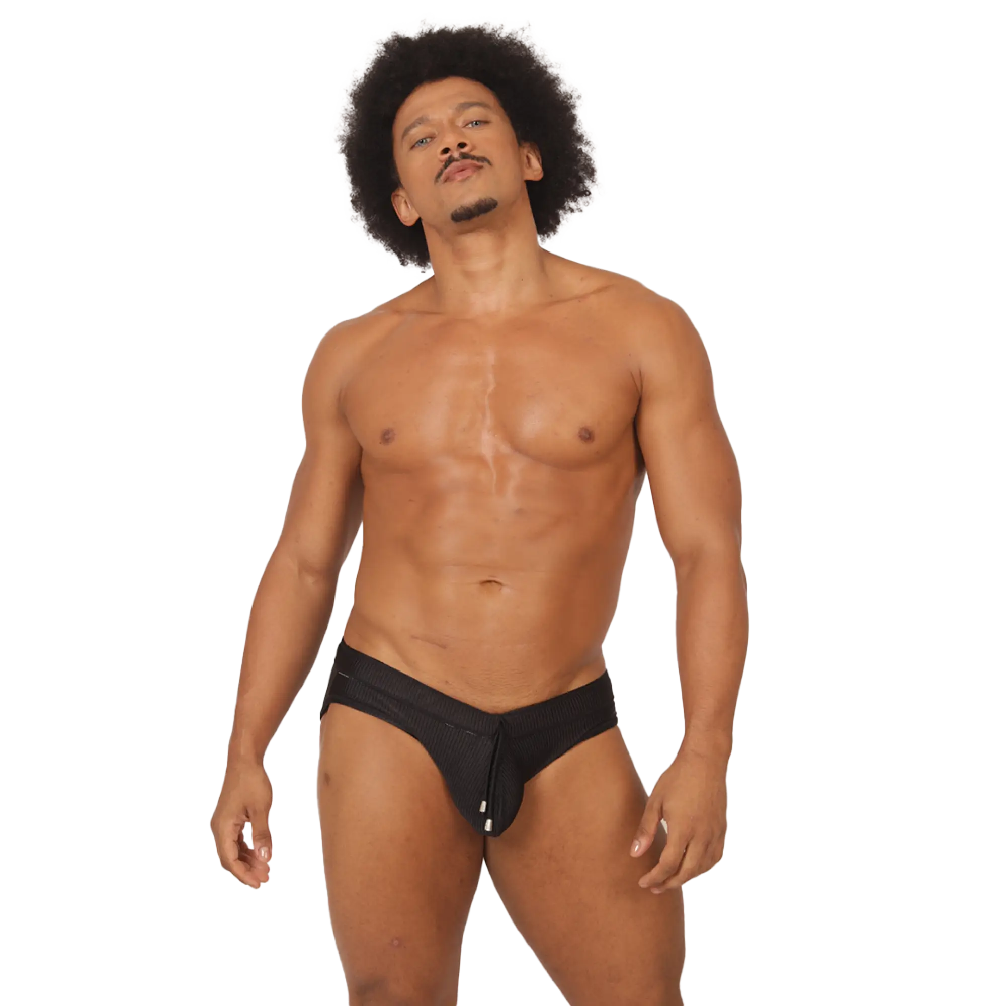 Black athletic swimbrief with central zipper closure designed for active wear in gigo glow style