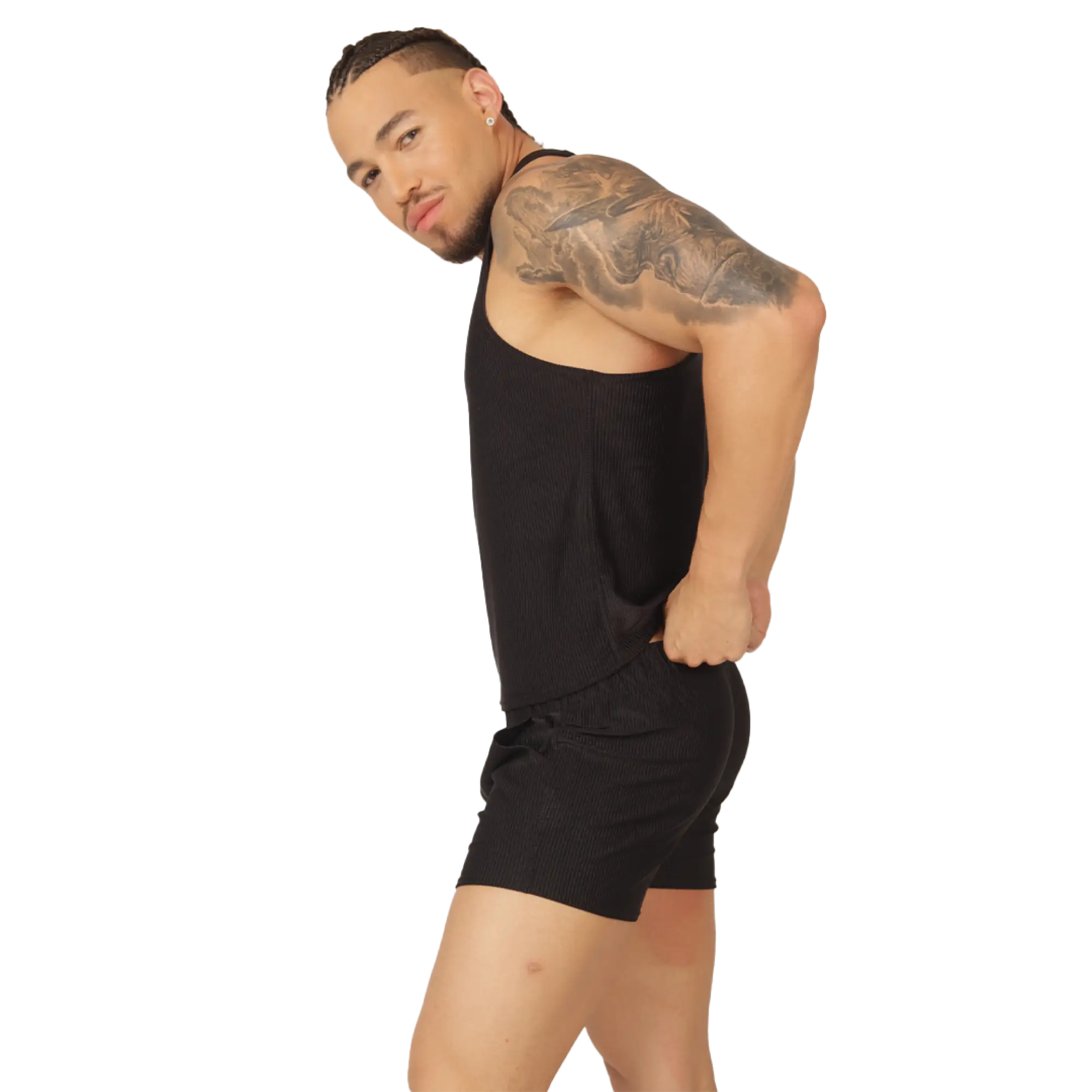 Black ribbed knit tank top and matching shorts set from gigo glow black tank collection for casual wear