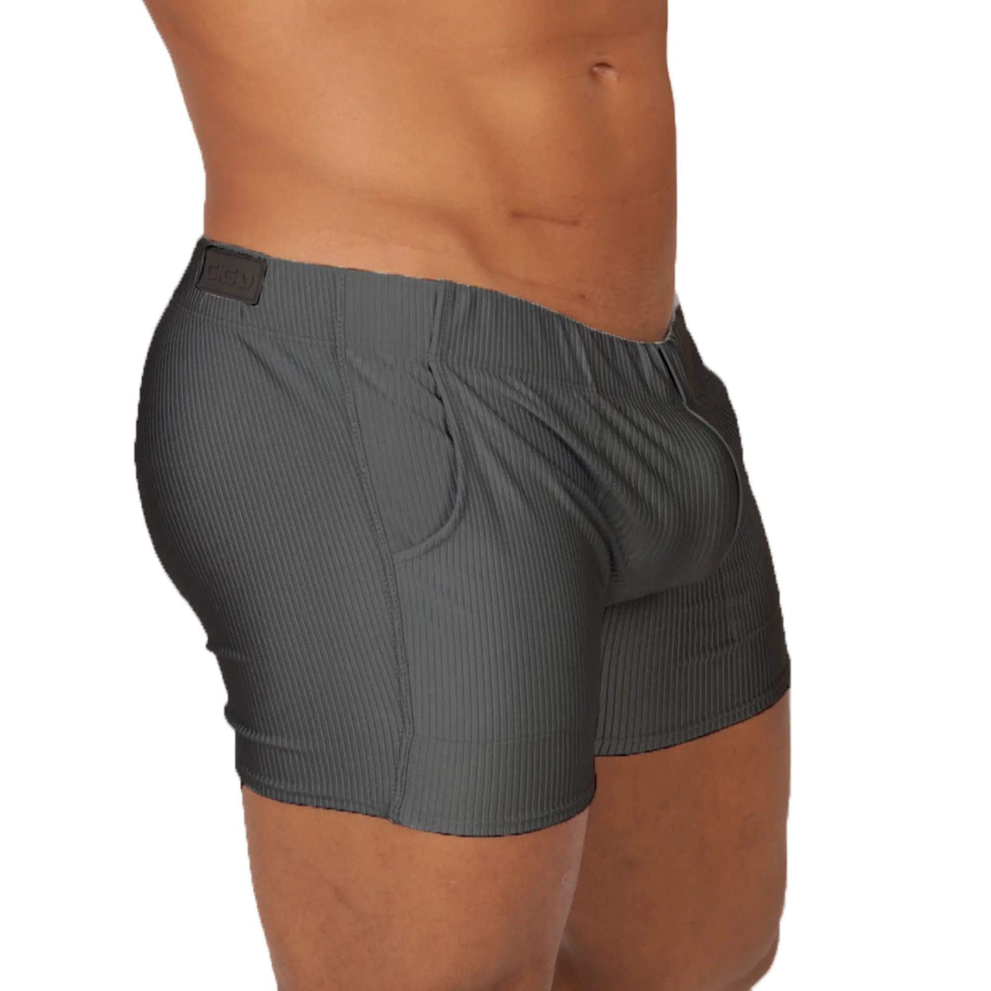 Gigo Glow gray short dark gray ribbed cotton boxer briefs with subtle vertical stripes and black branded waistband tag