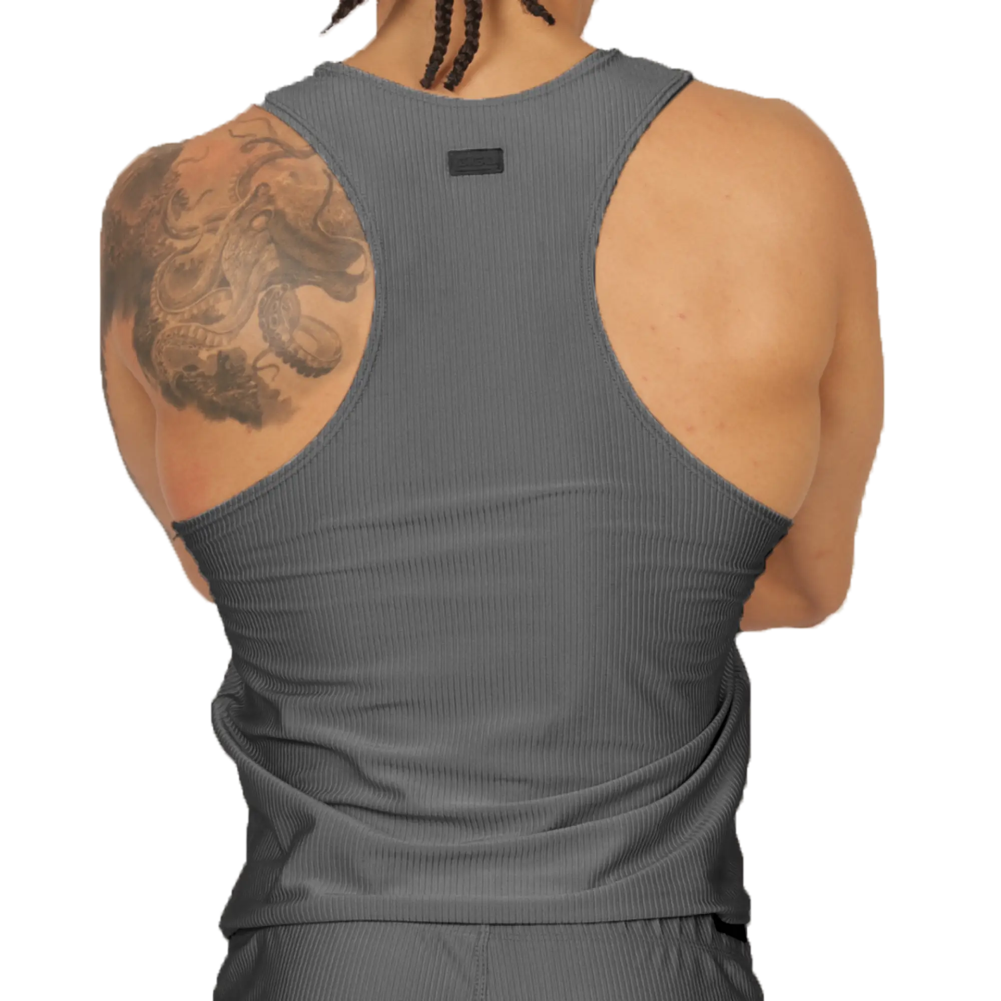 Back view of gigo glow gray tank made of gray ribbed fabric with a small black tag at the neck