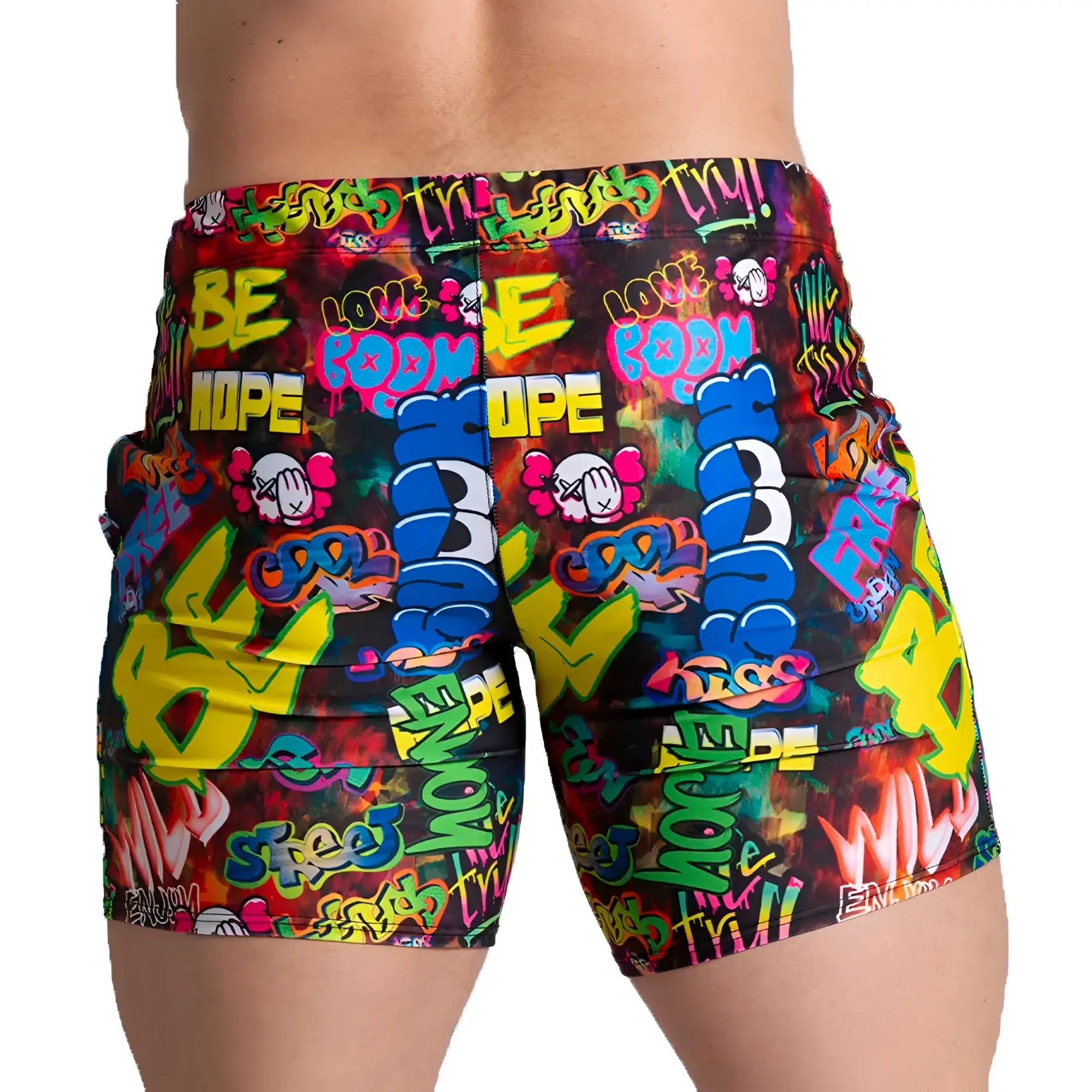 Vibrant gigo graffiti beachwear shorts with bold neon colors featuring street art typography and cartoon skulls