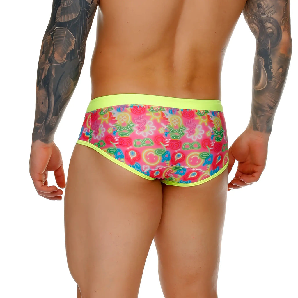 Gigo happy swim trunk brightly colored men’s briefs with vibrant pink green yellow abstract pattern and neon lime trim