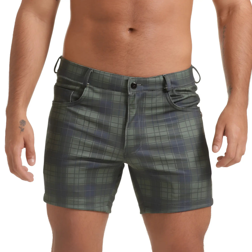 Gigo Harvard green short men’s dark green and navy plaid shorts with button closure for casual wear