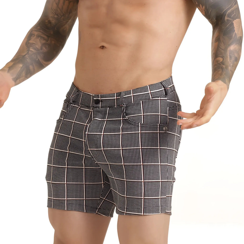 Gigo Harvard Red short black and white checkered tailored shorts with a subtle grid pattern for casual wear