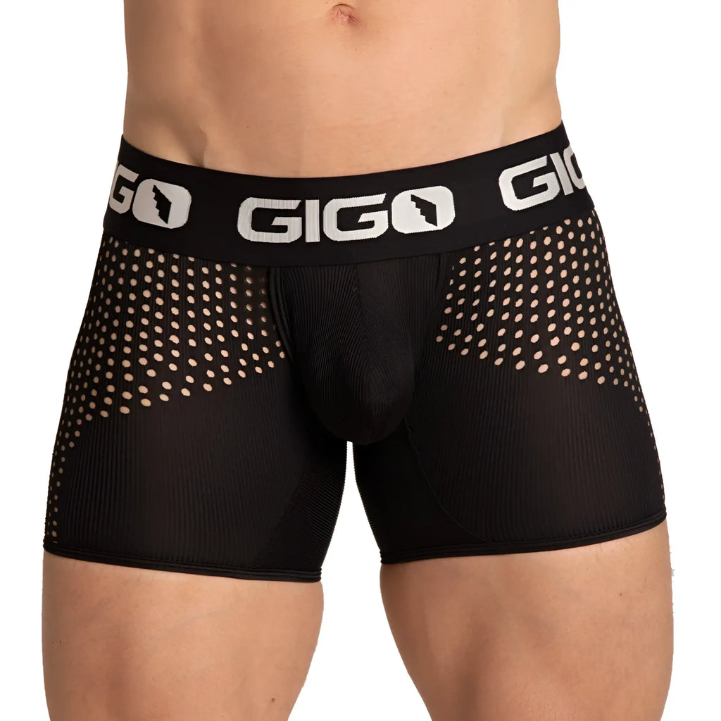 Gigo hybrid black trunk men’s boxer briefs with mesh panel design and white gigo logo on waistband