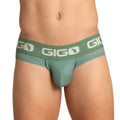 Green gigo brand brief jock in textured fabric with white logo band for comfortable activewear use