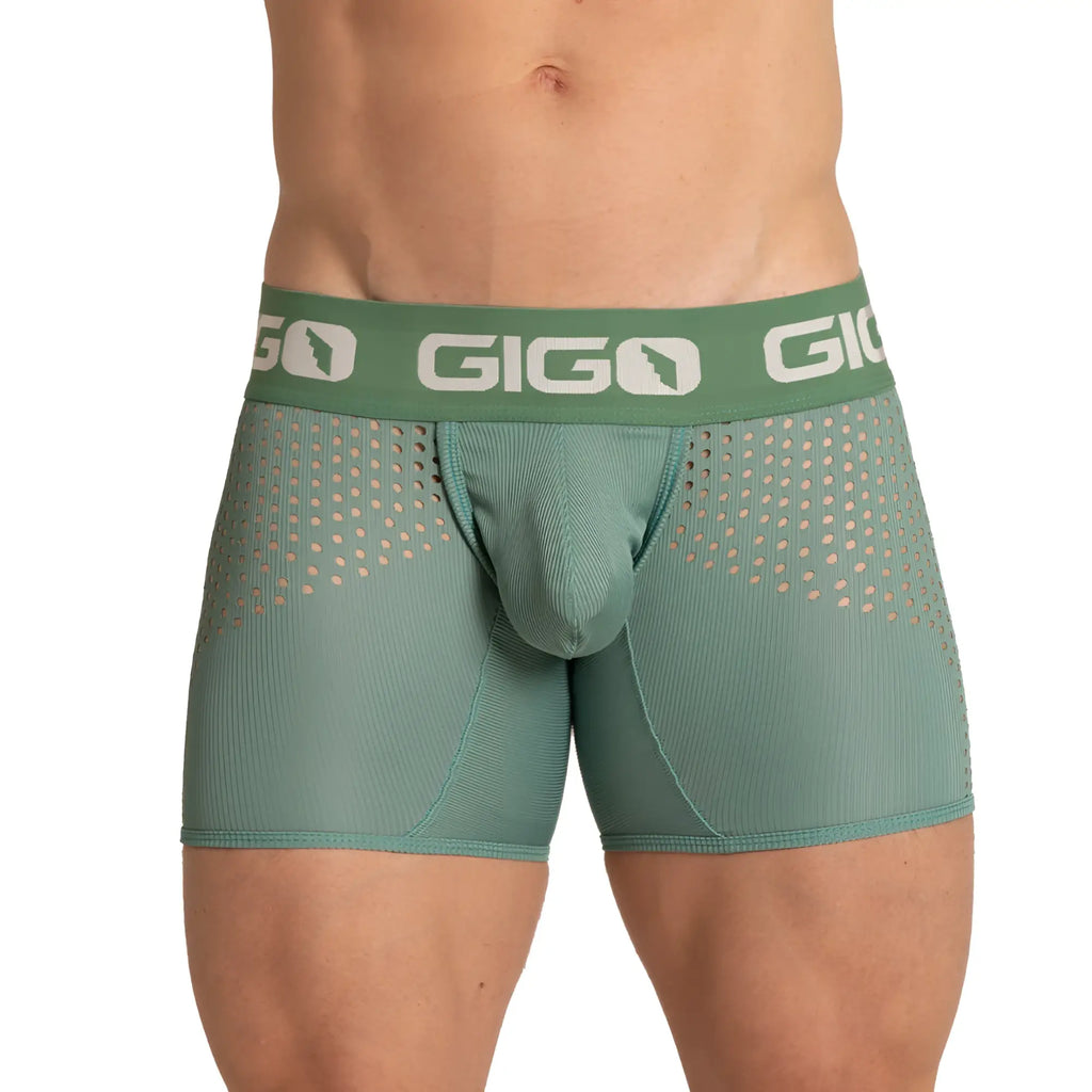 Green gigo brand men’s boxer briefs with perforated mesh design and ribbed fabric in bright green color