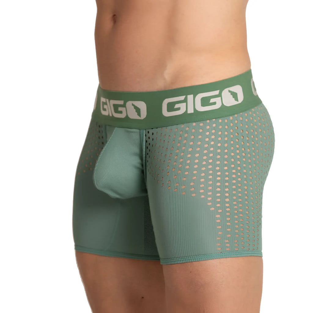 Green gigo brand men’s boxer briefs with mesh pattern and integrated pouch in green hibrid green trunk color