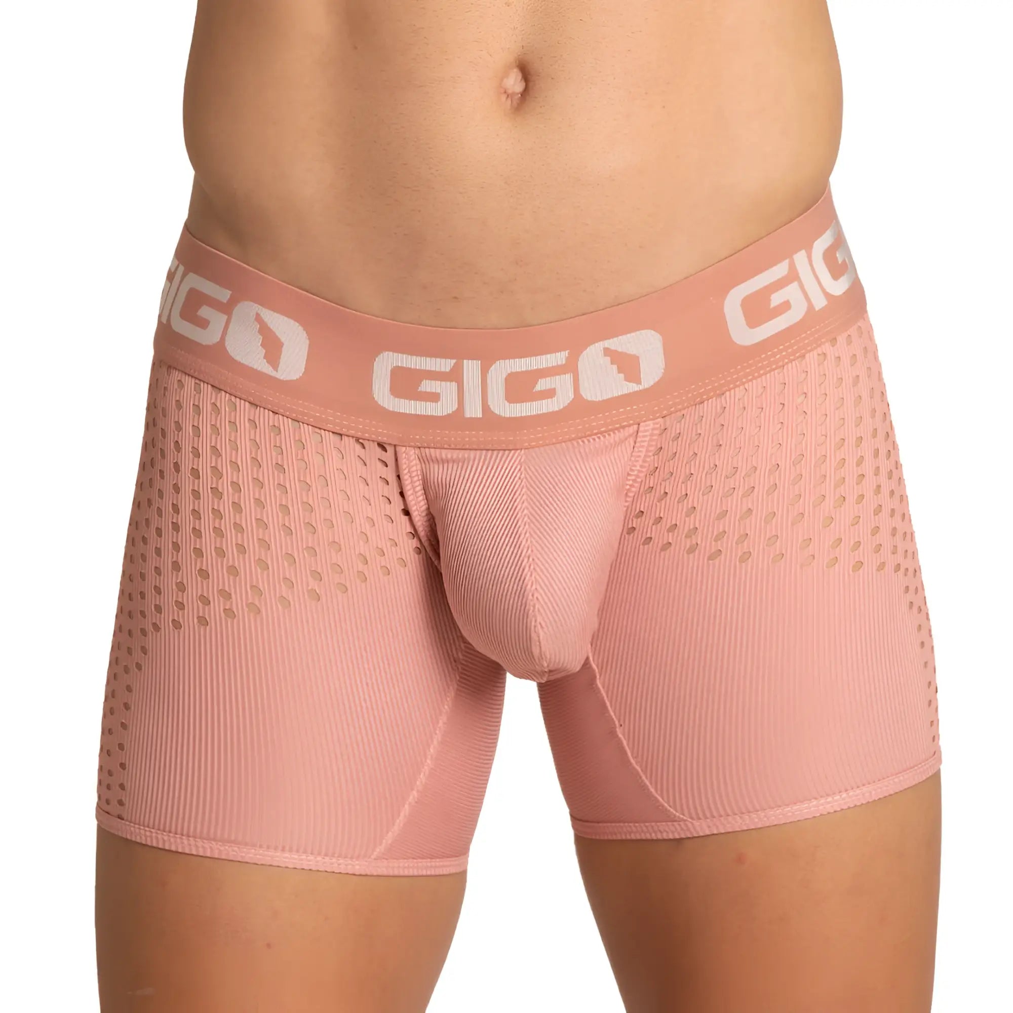 Pink gigo hybrid nude trunk men’s boxer briefs with textured perforated fabric and ribbed detailing
