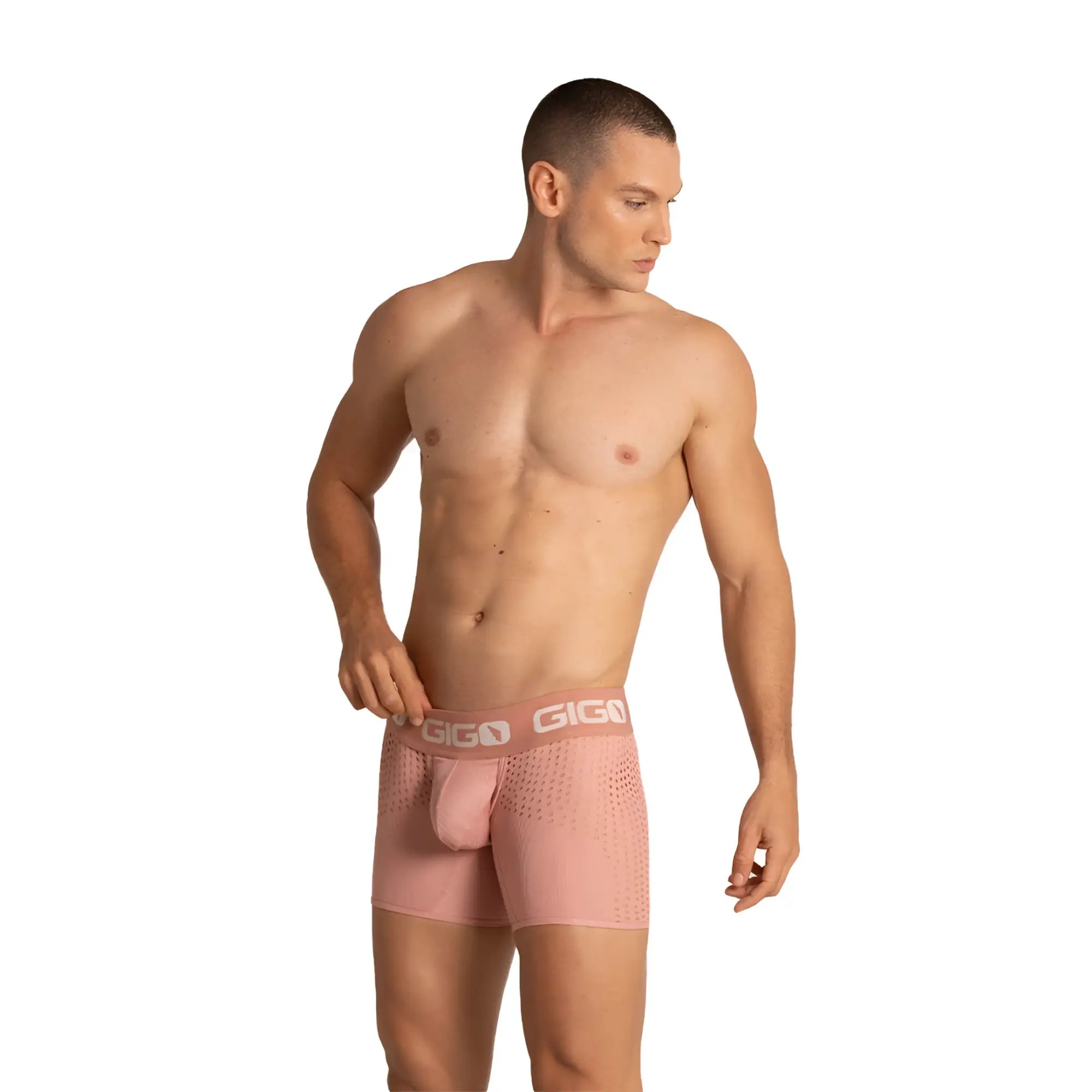 Pink gigo brand men’s boxer briefs with nude mesh texture and elastic waistband in gigo hibrid nude trunk design