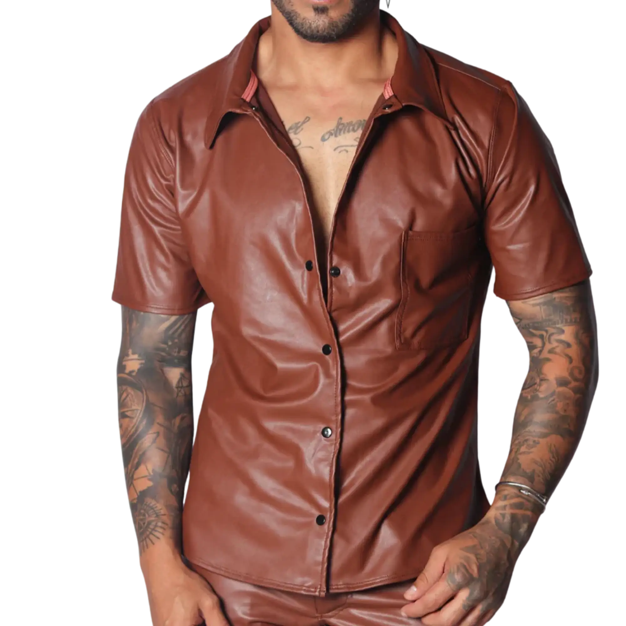 Brown short-sleeve button-down shirt in smooth faux leather with a classic collar and single chest pocket.