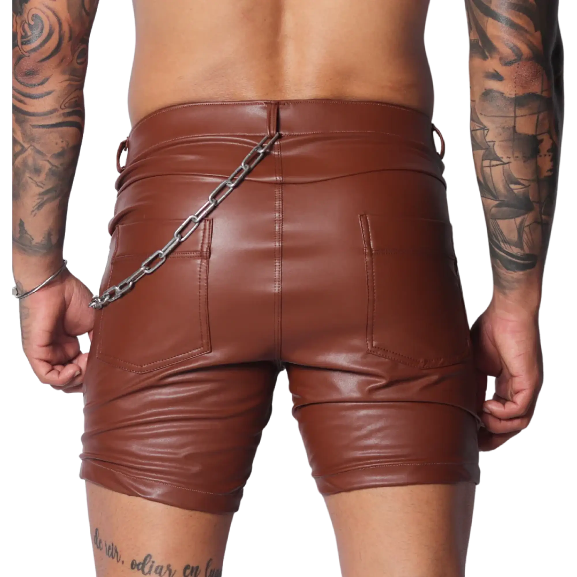 Brown faux leather fitted shorts featuring a back silver chain accent, dual pockets, and a classic five-pocket design.