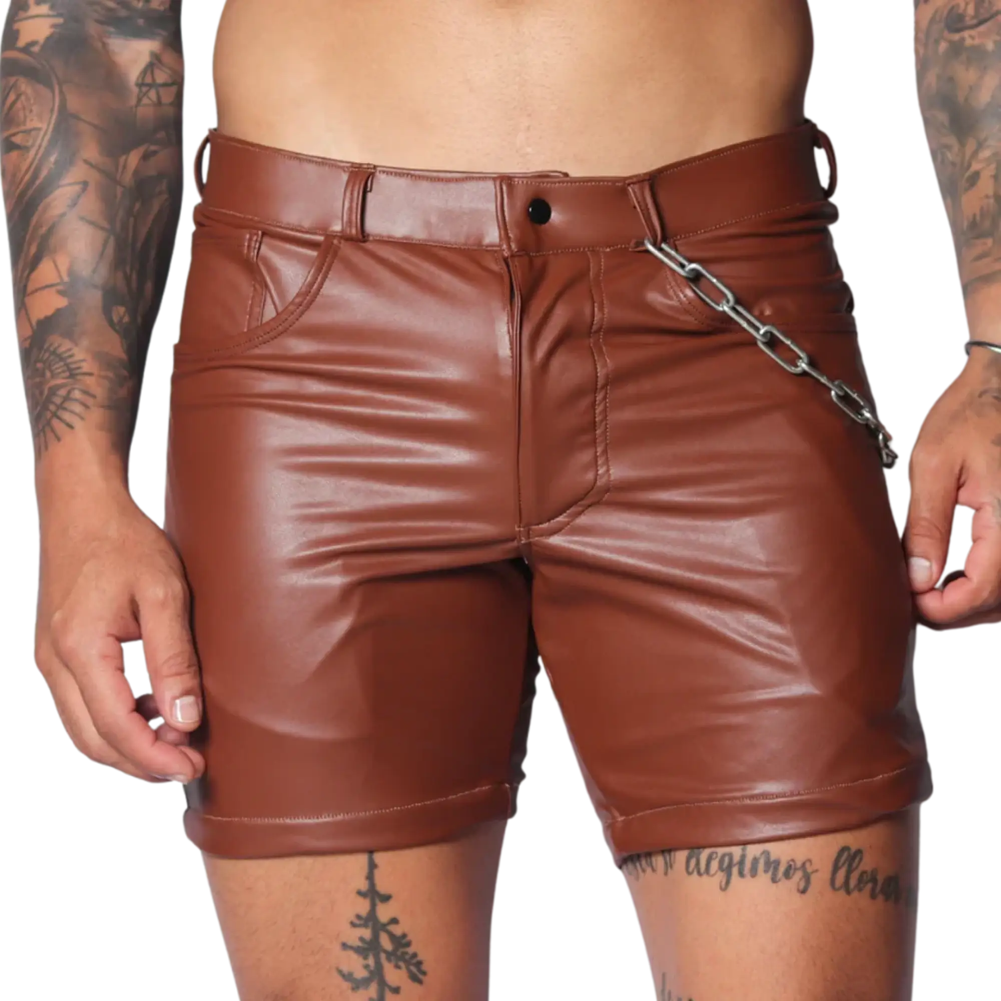 Brown faux leather fitted shorts featuring a button fly, belt loops, and a detachable silver chain detail at the hip.