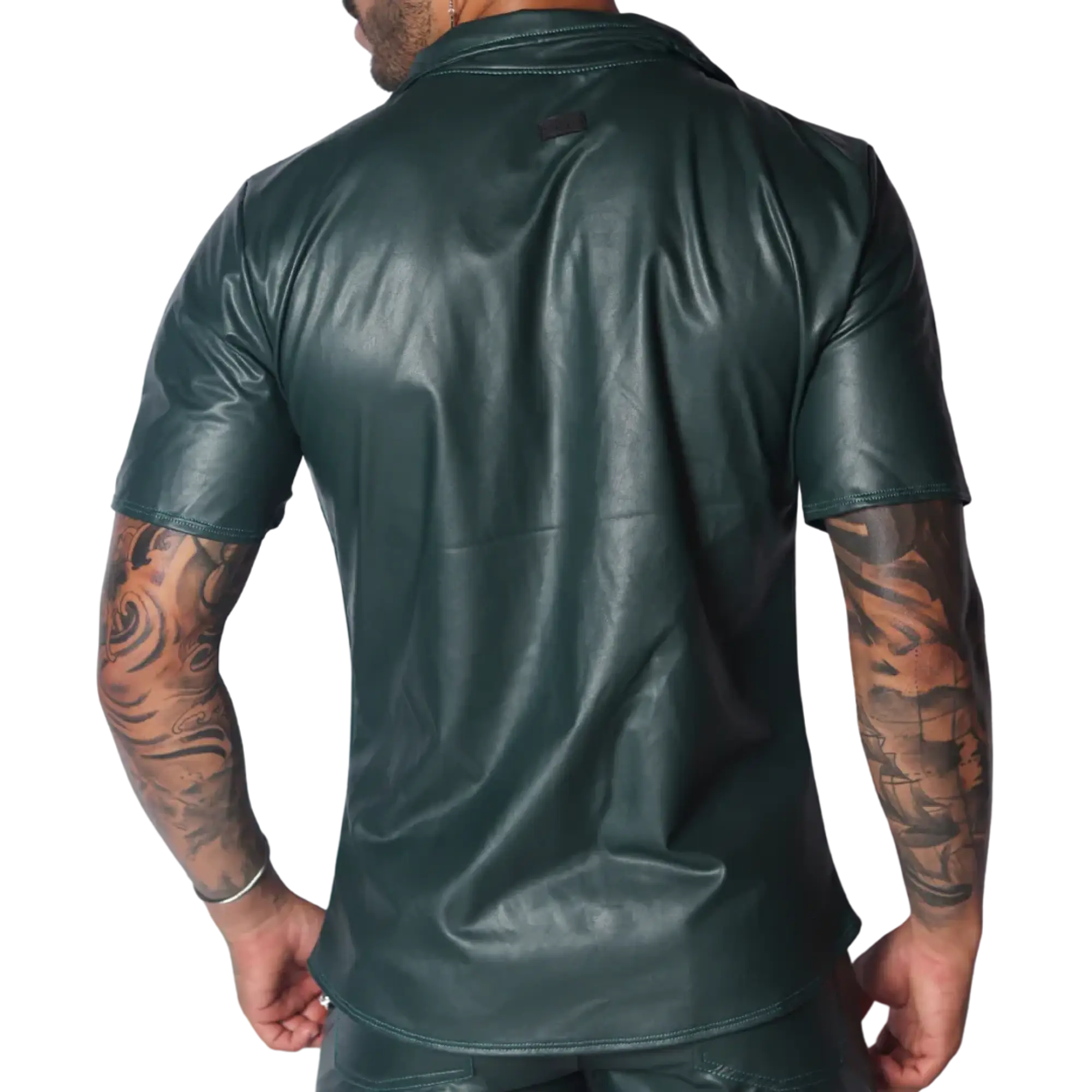Dark green short-sleeve button-down shirt in smooth faux leather with a classic collar and small back neck logo patch.