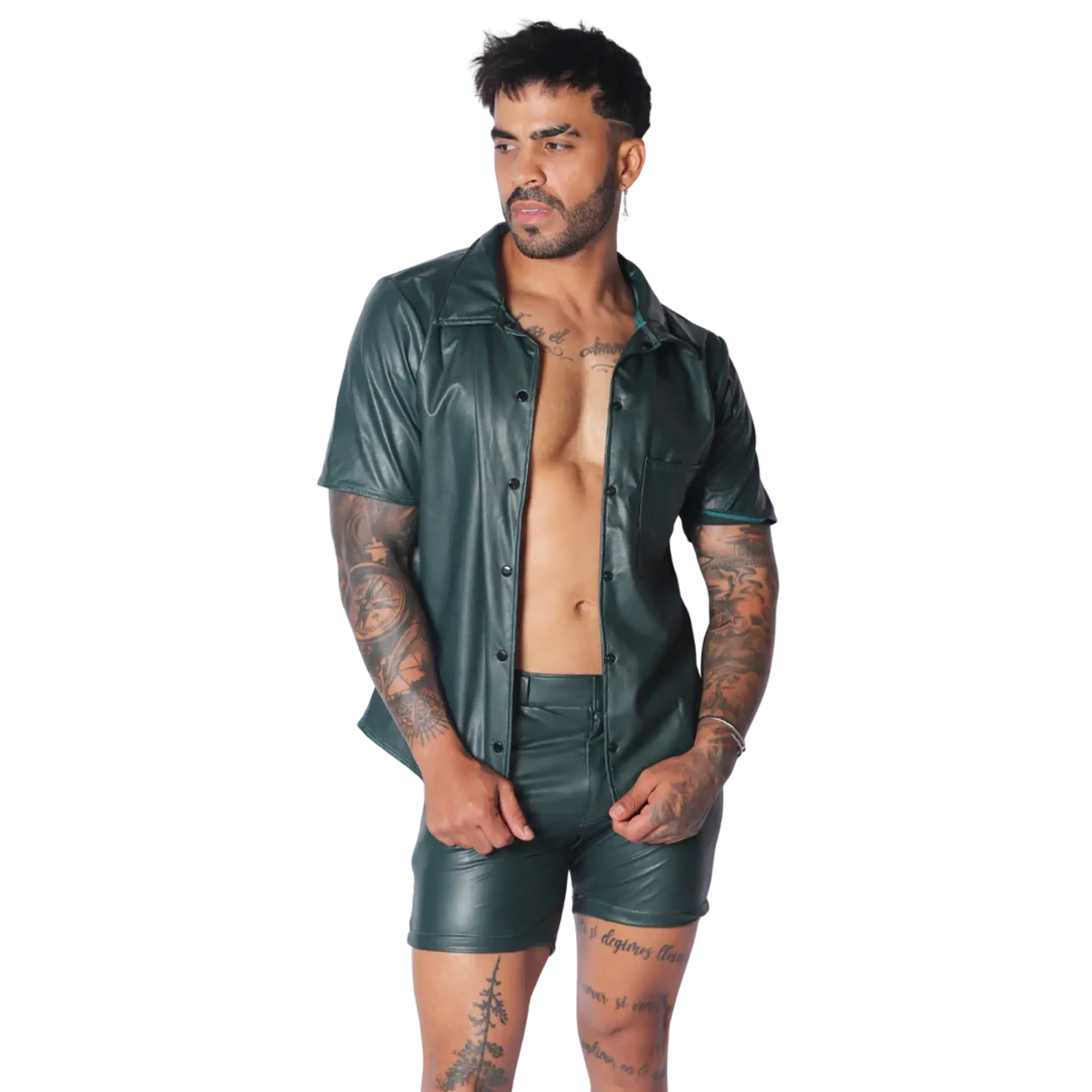 Dark forest green short-sleeve button-up shirt in a smooth faux leather finish with a classic collar.