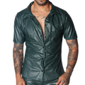 Dark green short-sleeved button-up shirt in faux leather with a classic collar and single chest pocket.