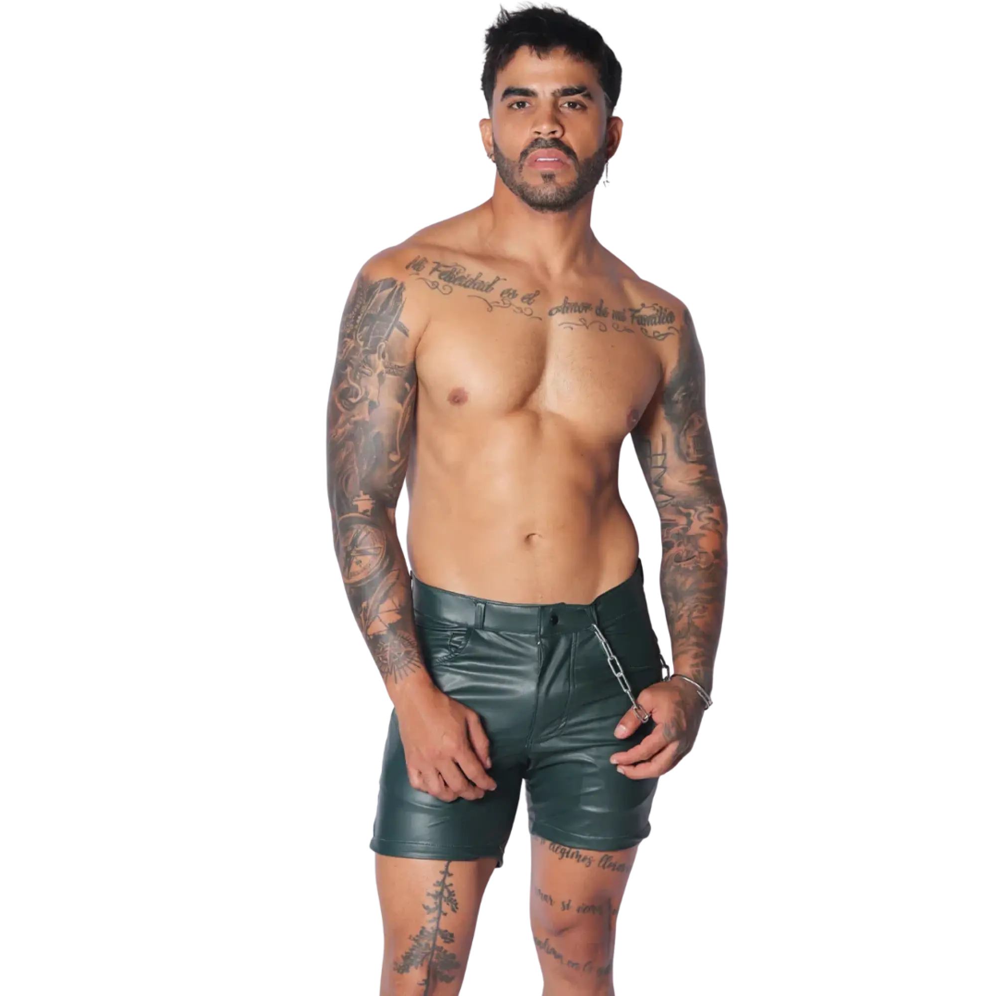 Men's dark green faux leather fitted shorts with a zipper closure and a silver chain accessory at the waist.