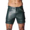 Dark green faux-leather shorts with a button closure, belt loops, and a decorative silver chain on the front pocket.