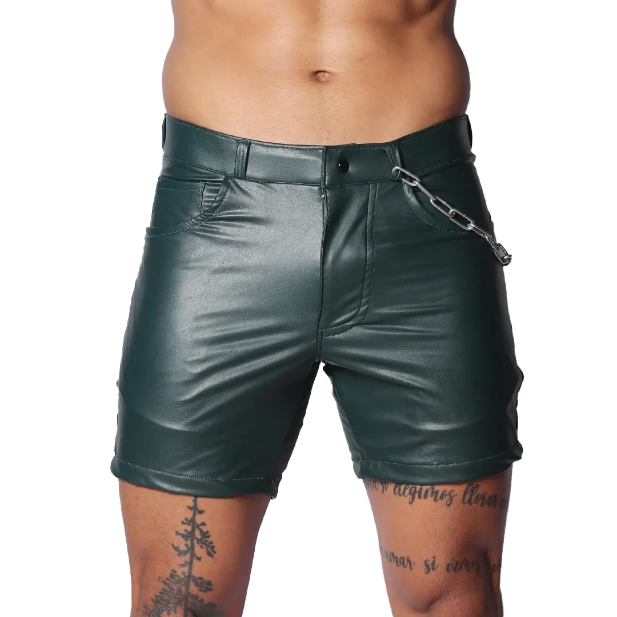 Dark green faux-leather shorts with a button closure, belt loops, and a decorative silver chain on the front pocket.