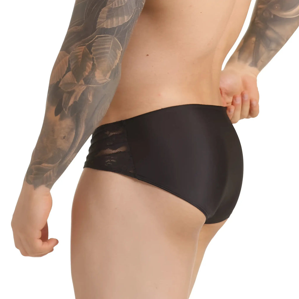 Gigo Hindu black satin swim briefs with lace trim on the side for stylish swimwear use