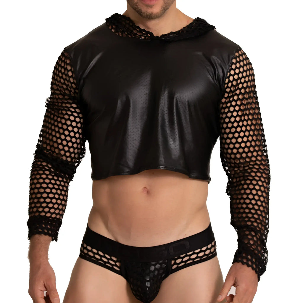 Black faux leather crop top with mesh sleeves and hood from gigo hole black hoody tshirt collection