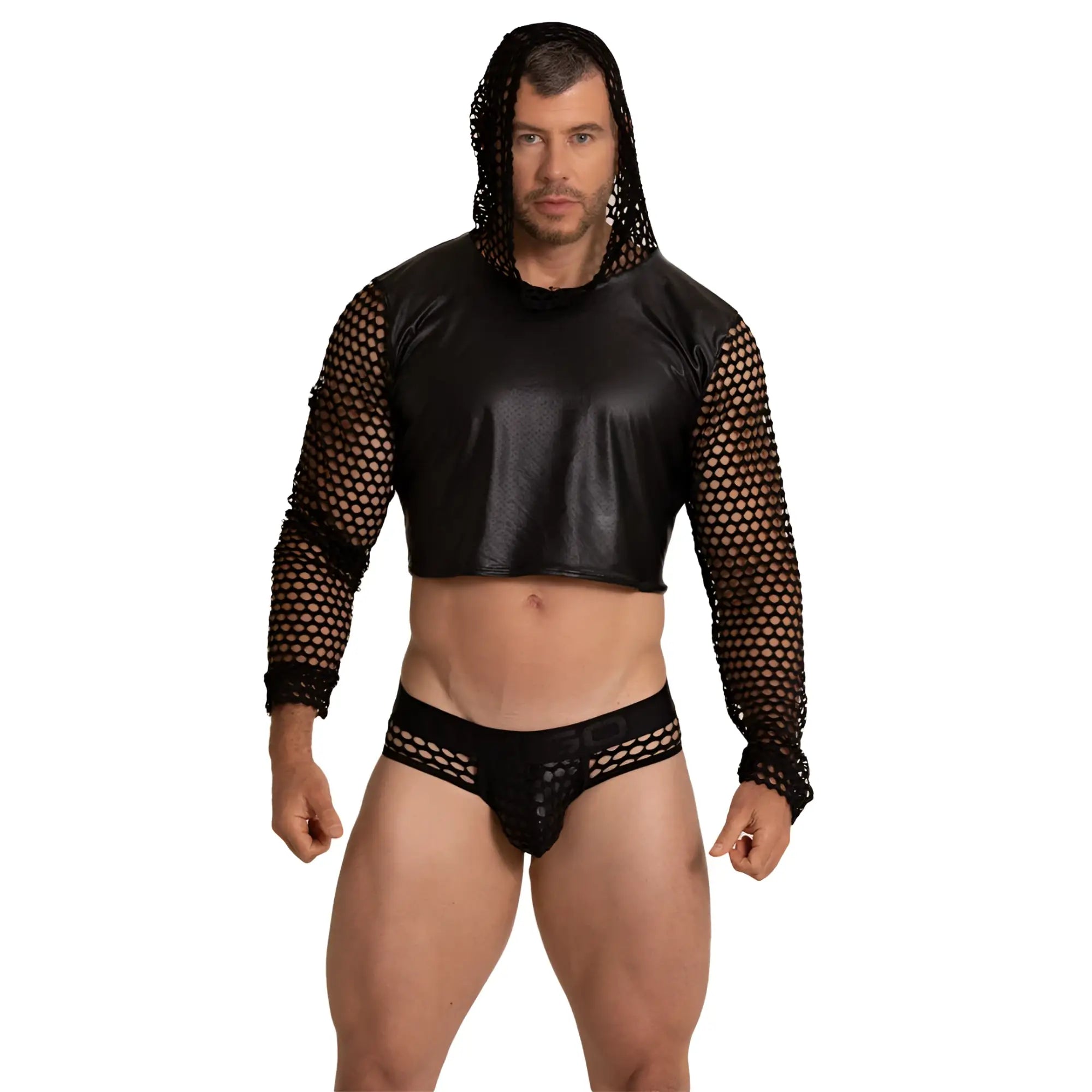 Black mesh hooded crop top with faux leather torso and long sleeves from Gigo Hole black hoody tshirt collection