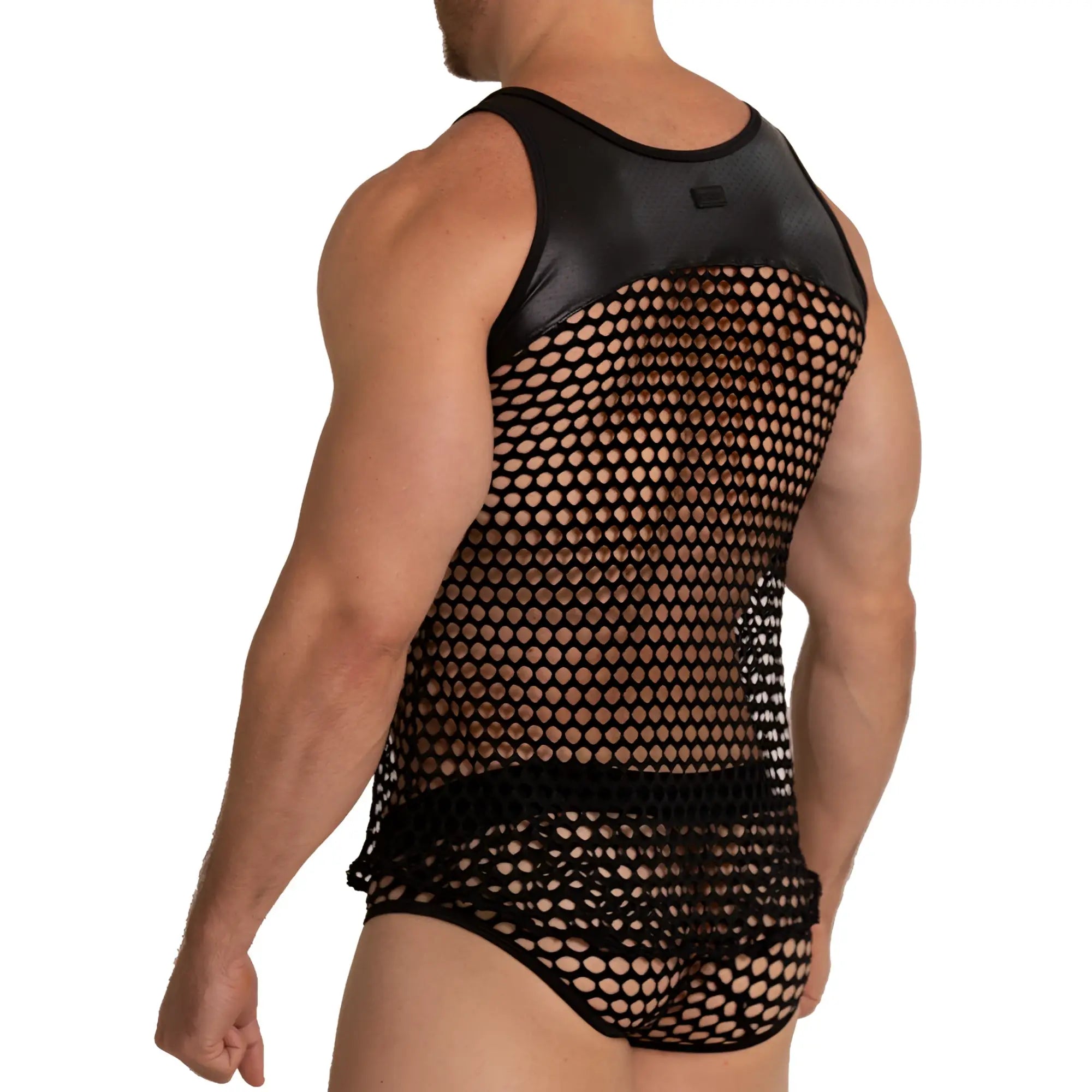 Back side of gigo hole black tank showing black mesh fabric with glossy faux leather panel on shoulders and upper back