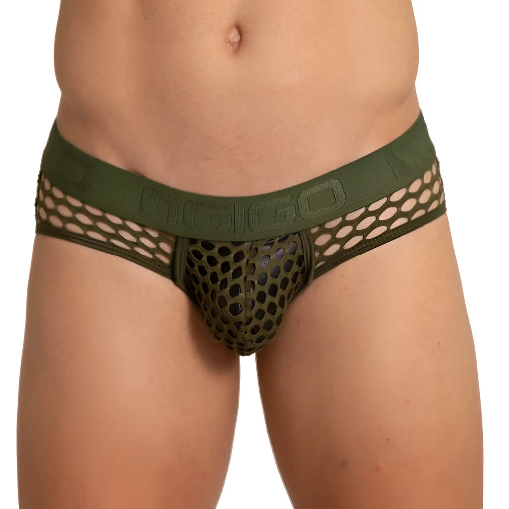 Olive green mesh men’s briefs with riggo branded waistband in gigo hole green brief style