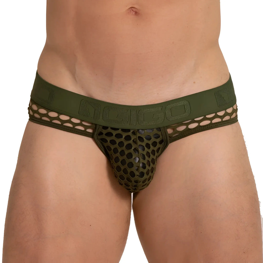 Olive green mesh briefs featuring a bold embossed ngigo logo on the waistband for breathable comfort